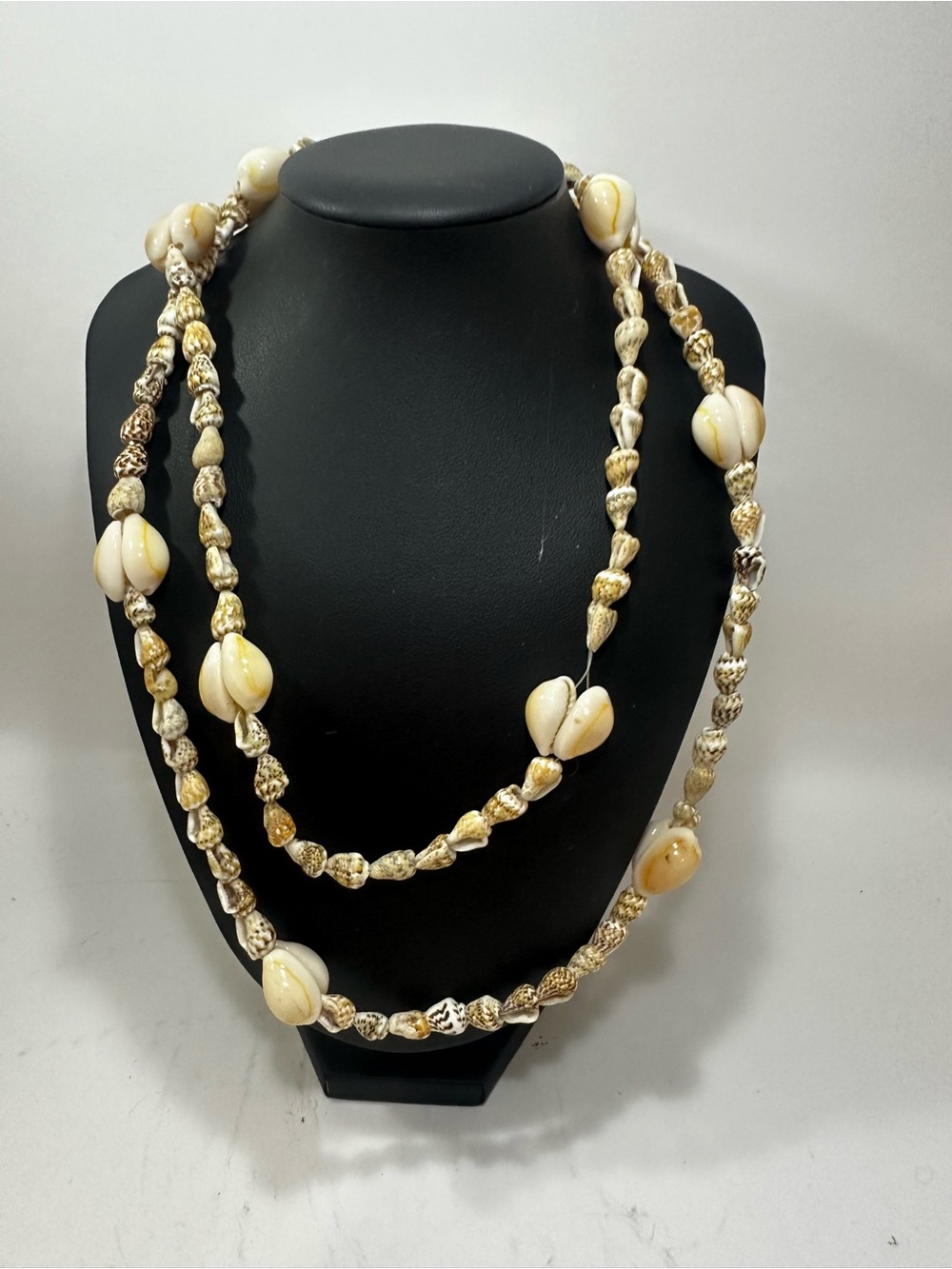 Vintage Natural Cowrie Shell Long Necklace Boho Beach Coastal Statement 36”
